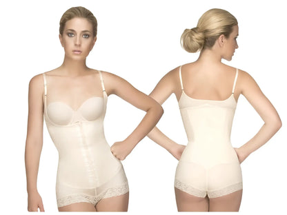 Cream-colored nude vedette 136 megane open bust bodysuit with lace trim adjustable straps and front zipper body shaper