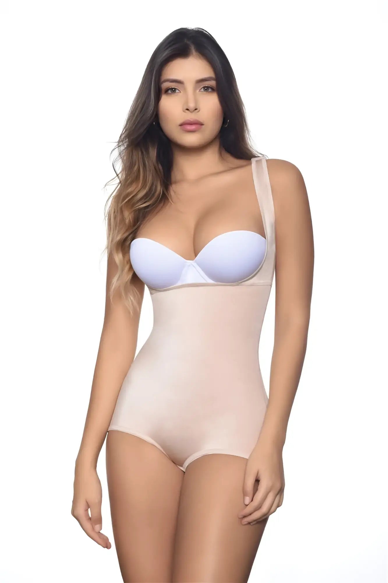 A light blue seamless underwire bra paired with nude vedette 138 lillian high-back underbust body shaper bodysuit