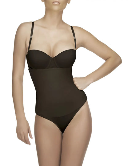 Black vedette 210 nadine strapless seamless bodycon bodysuit with thin adjustable straps in bikini color black