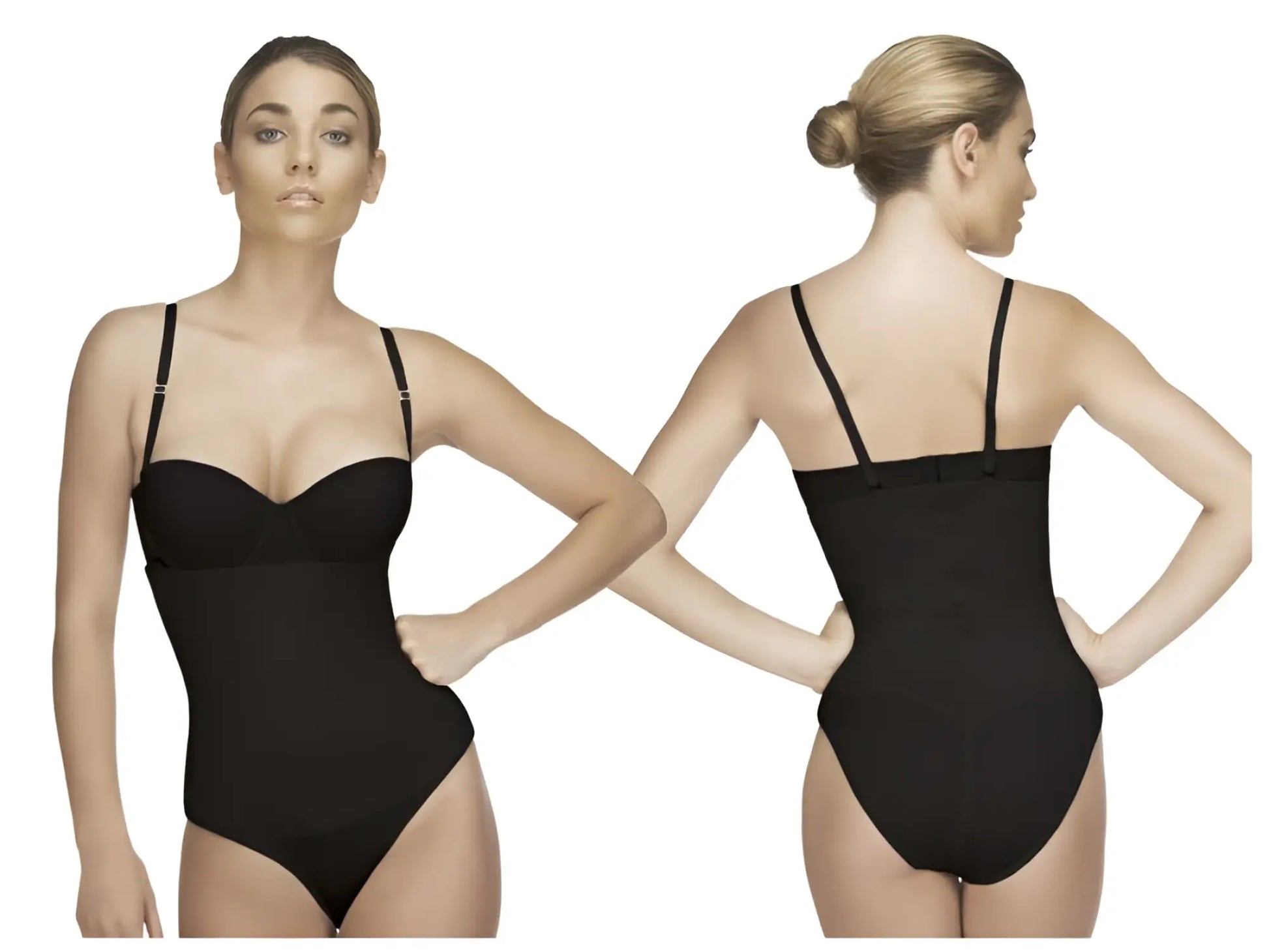 Black Vedette 210 Nadine strapless bodysuit in bikini color with thin straps and seamless form-fitting design