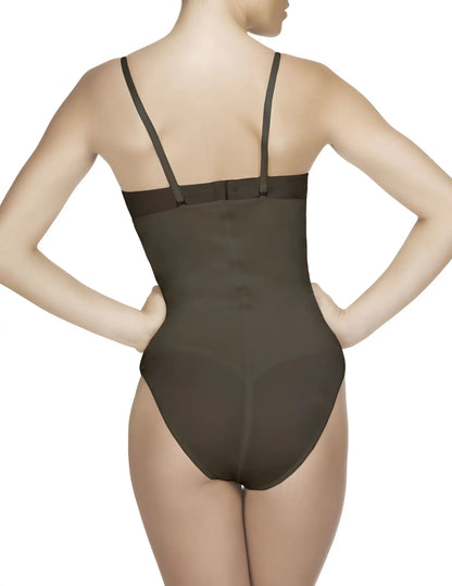 Vedette 210 nadine strapless bodysuit in bikini color black with sleek dark brown bodycon fit and thin straps
