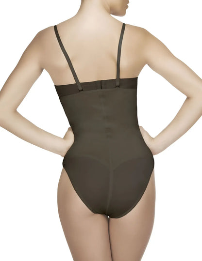Vedette 210 Nadine strapless bodysuit in black featuring a sleek dark olive bodycon design with thin black straps