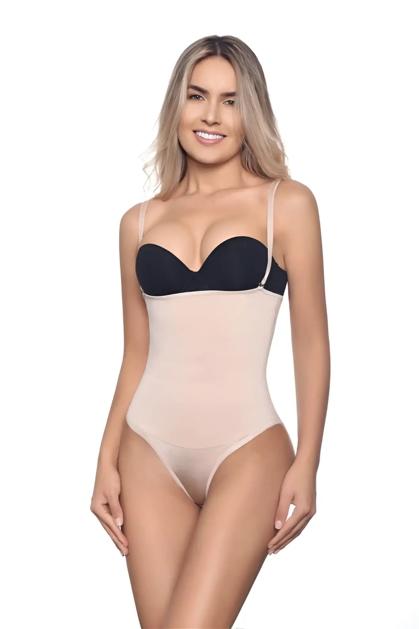 Beige and black underwire bra with thin straps from Vedette 210 Nadine strapless bodysuit in bikini color nude