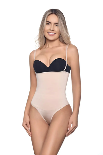Beige and black underwire bra with thin straps from Vedette 210 Nadine strapless bodysuit in bikini color nude