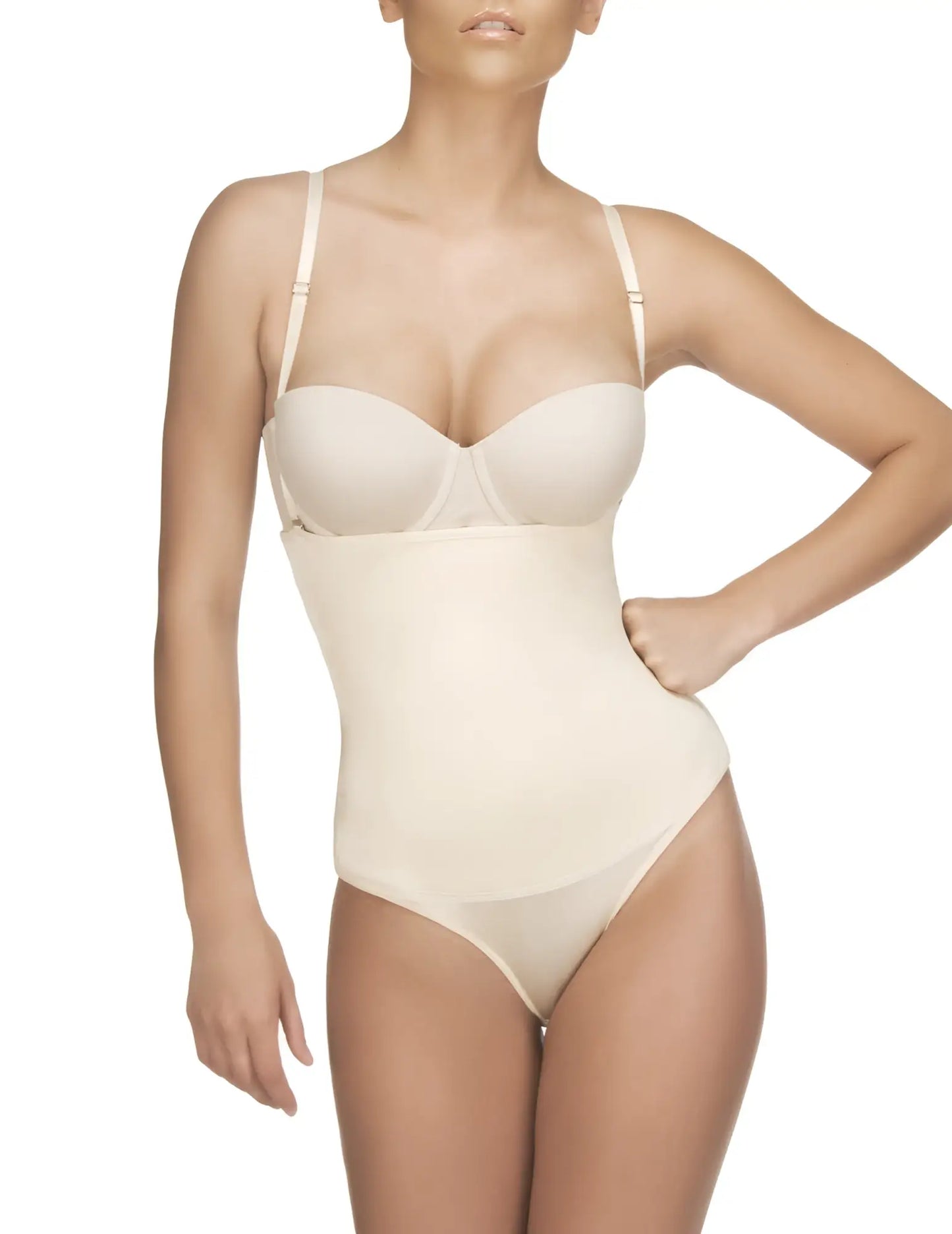 Beige seamless Vedette 210 Nadine strapless bodysuit in nude with thin adjustable straps and smooth form-fitting design