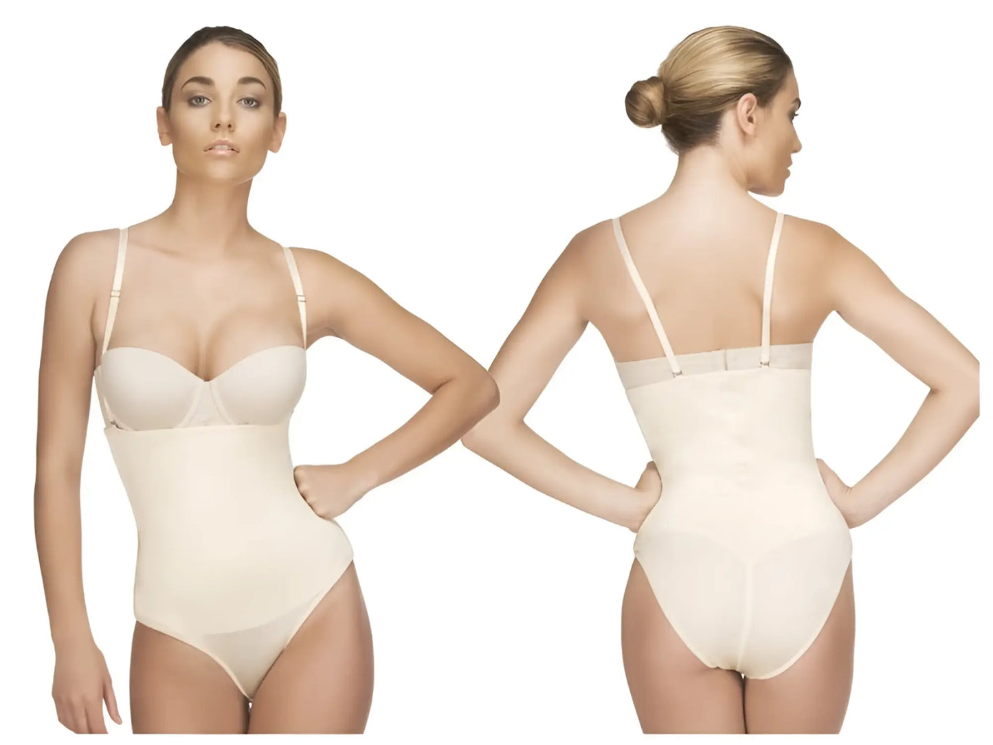 Beige seamless vedette 210 nadine strapless bodysuit in bikini color nude with thin straps and smooth form-fitting design