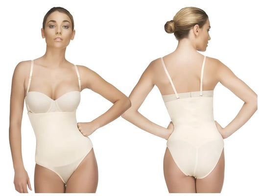 Beige seamless vedette 210 nadine strapless bodysuit in bikini color nude with thin straps and smooth form-fitting design