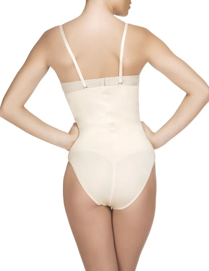 Cream-colored vedette 210 nadine strapless bodysuit with thin straps and a back zipper closure shown from back view