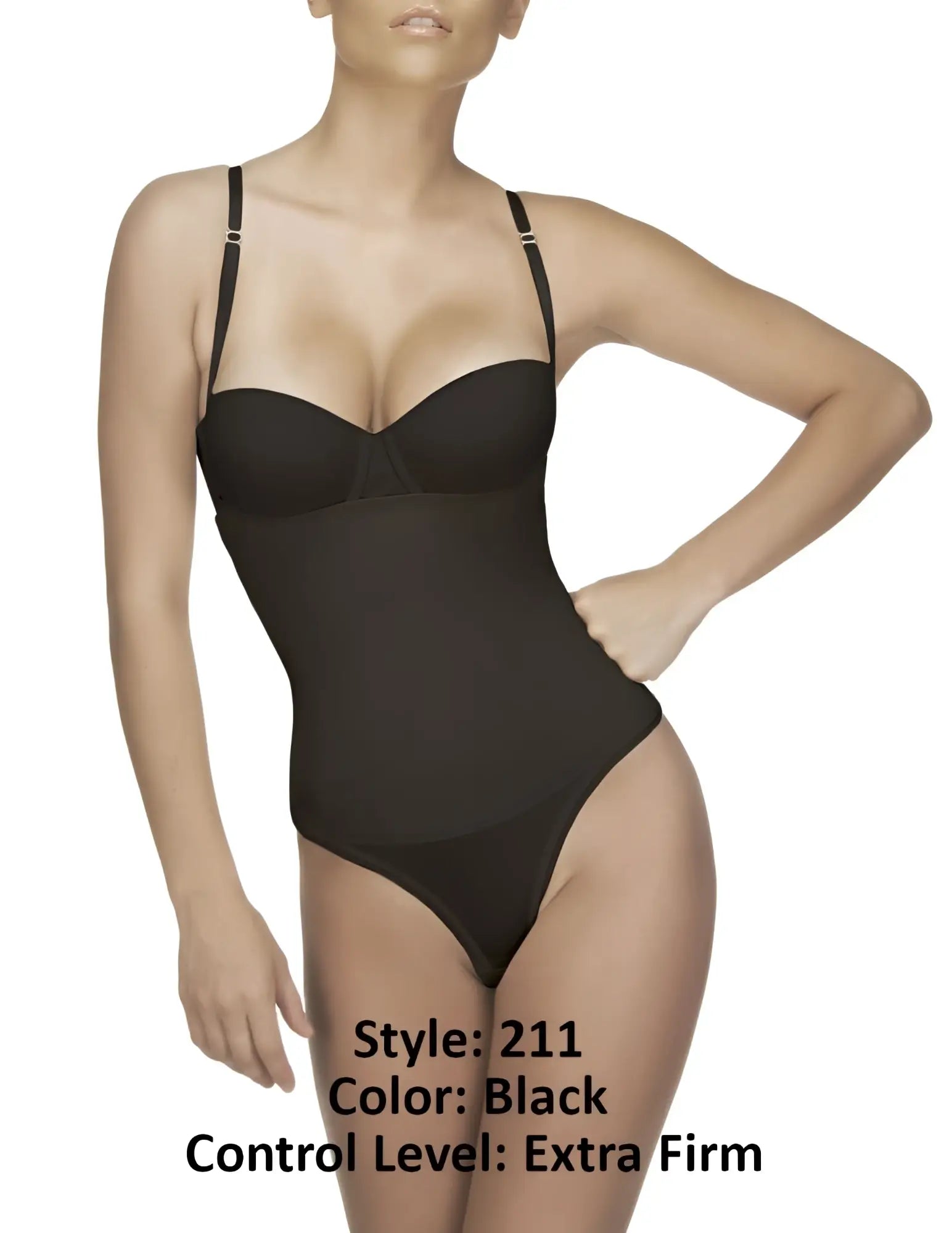 Black vedette 211 nadine strapless bodysuit in thong with extra firm control and thin straps for shapewear support