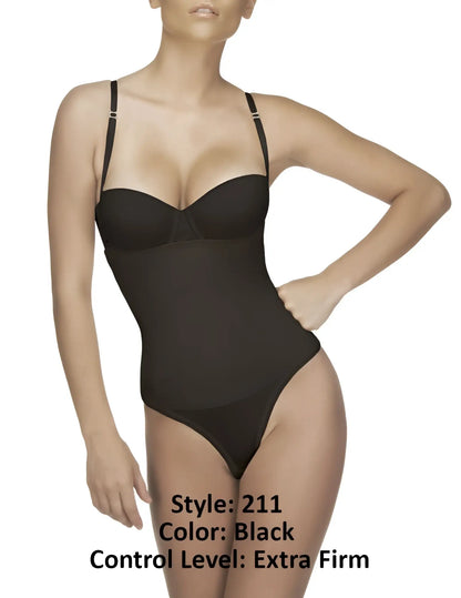 Black vedette 211 nadine strapless bodysuit in thong with extra firm control and thin straps for shapewear support