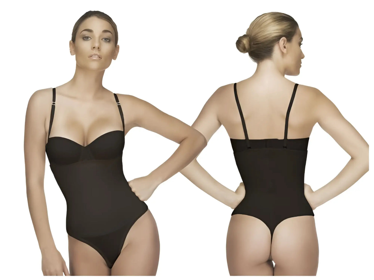 Black seamless Vedette 211 Nadine strapless bodycon bodysuit with thin straps and supportive back panel in thong design