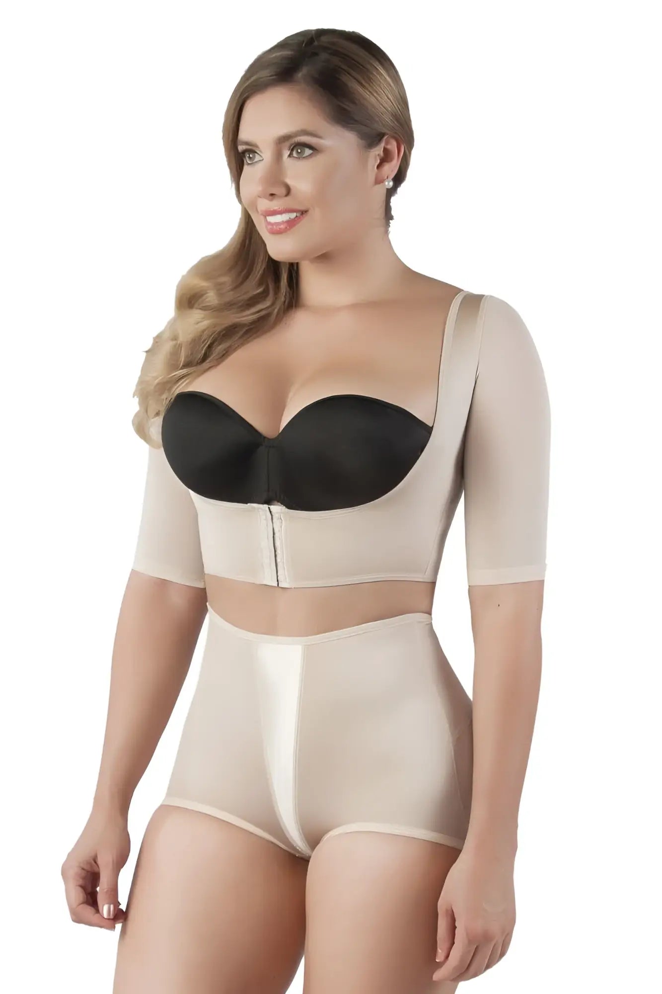 Beige and black vedette 3133 arm compression vest two-piece shapewear with short sleeves and front zipper