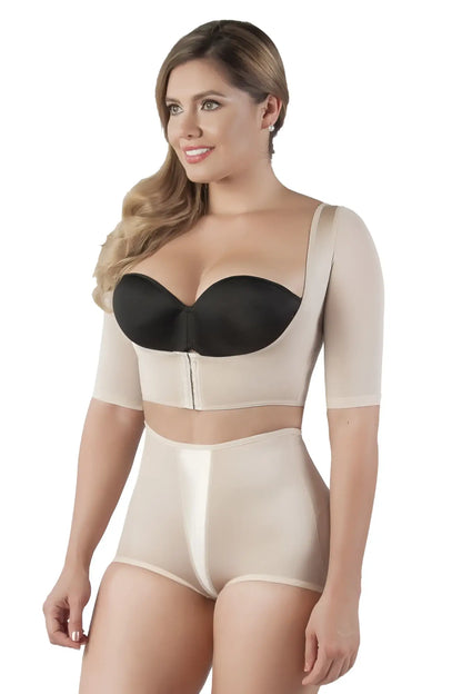 Beige and black vedette 3133 arm compression vest two-piece shapewear with short sleeves and front zipper