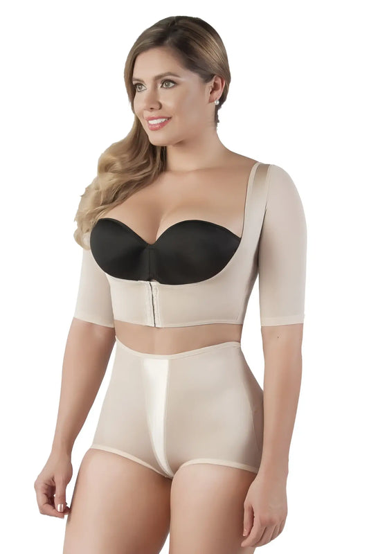 Beige and black vedette 3133 arm compression vest two-piece shapewear with short sleeves and front zipper