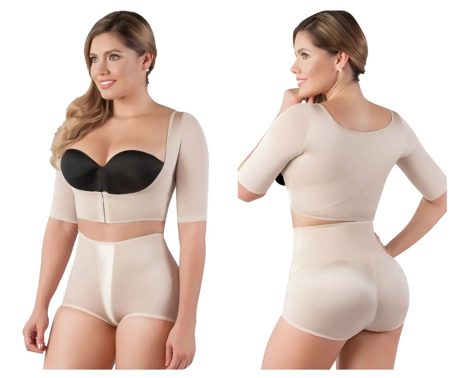 Beige Vedette 3133 arm compression vest shapewear set with black bra cups and high-waisted shorts for slimming