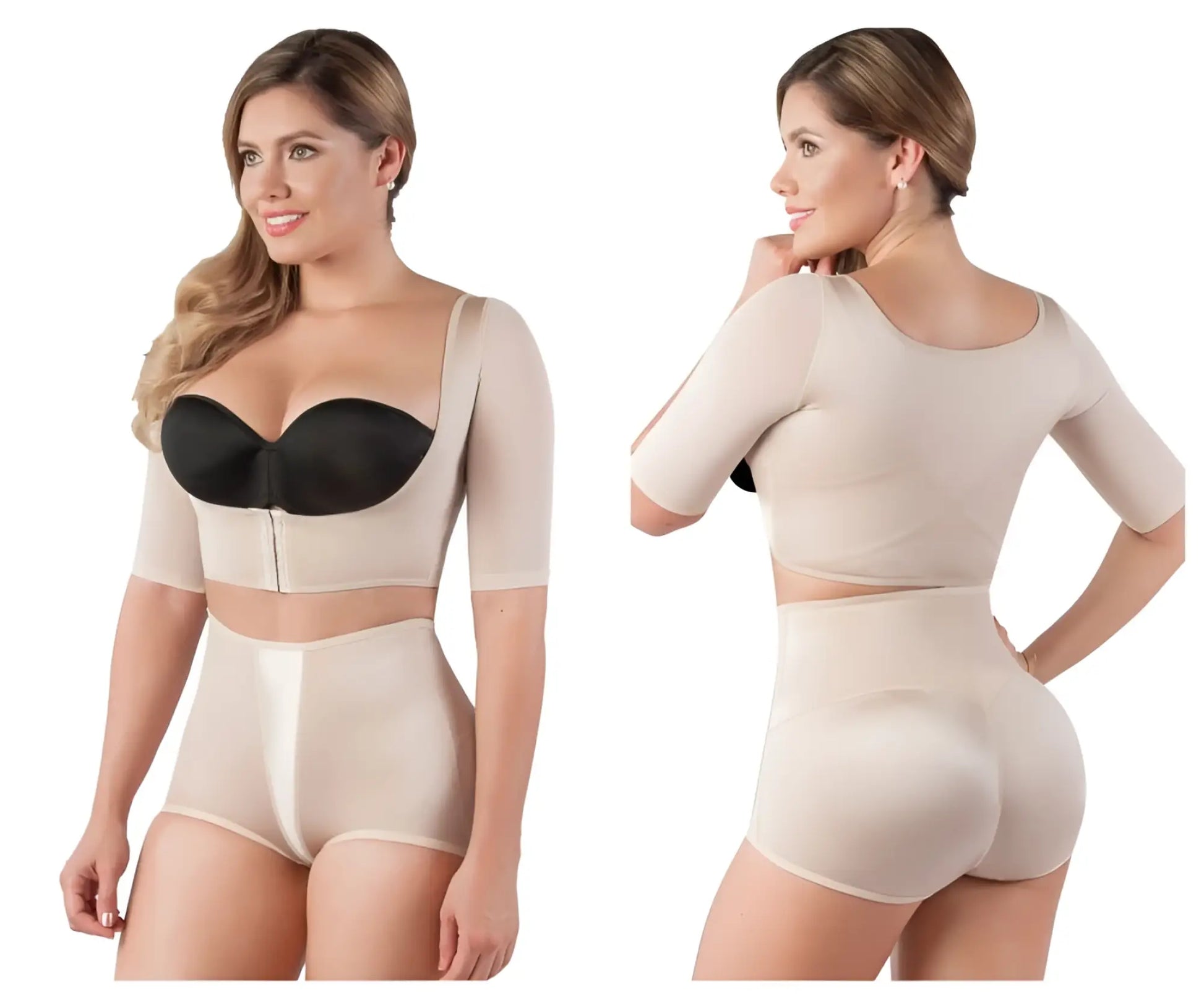Beige Vedette 3133 arm compression vest shapewear set with black bra cups and high-waisted shorts for slimming