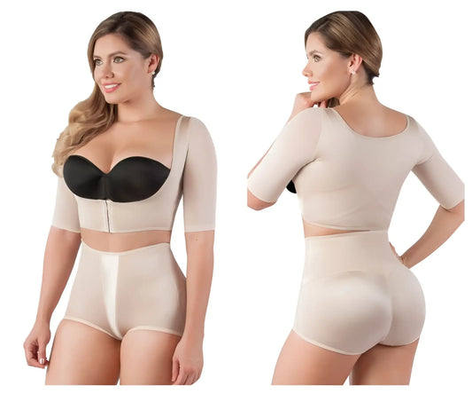Beige Vedette 3133 arm compression vest shapewear set with black bra cups and high-waisted shorts for slimming
