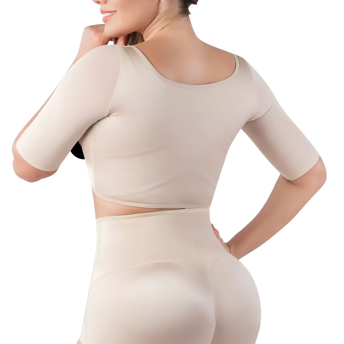 Beige vedette 3133 arm compression vest two-piece shapewear set with short sleeves and high-waisted shorts