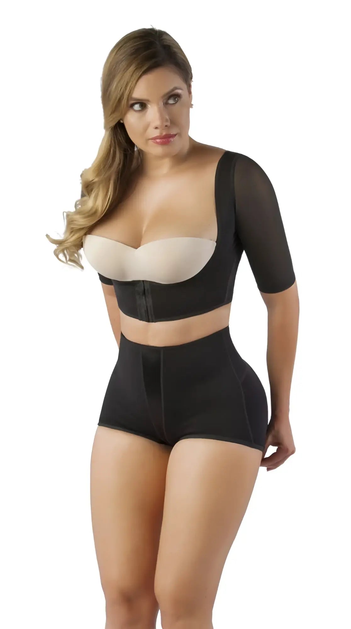 Vedette 3133 arm compression vest in black with mesh sleeves and elastic waistband two-piece body shaper set