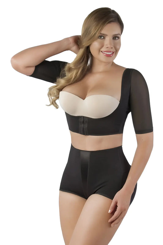 Vedette 3133 arm compression vest in black two-piece body shaper set with mesh sleeves and central zipper top