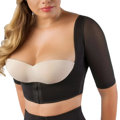 Black vedette 3133 arm compression vest with beige padded cups black mesh sleeves underwire bra with front zipper