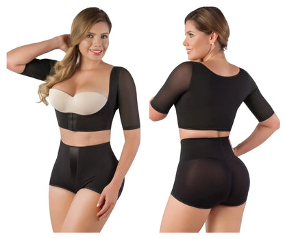 Black vedette 3133 arm compression vest with three-quarter sleeves and white underwire bra insert and matching shorts