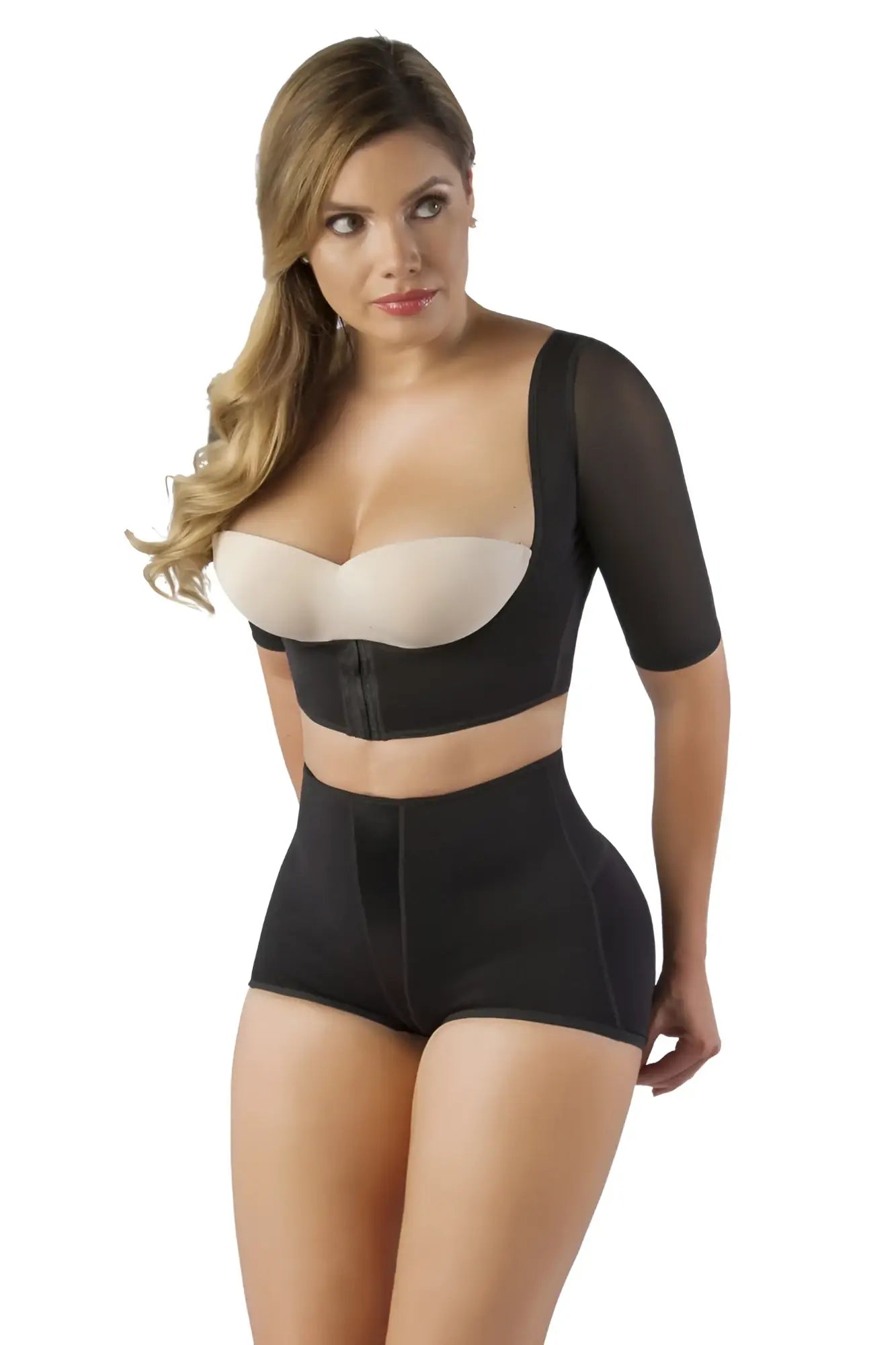 Black vedette 3133 arm compression vest shapewear set with beige underwire bra insert and three quarter sleeves