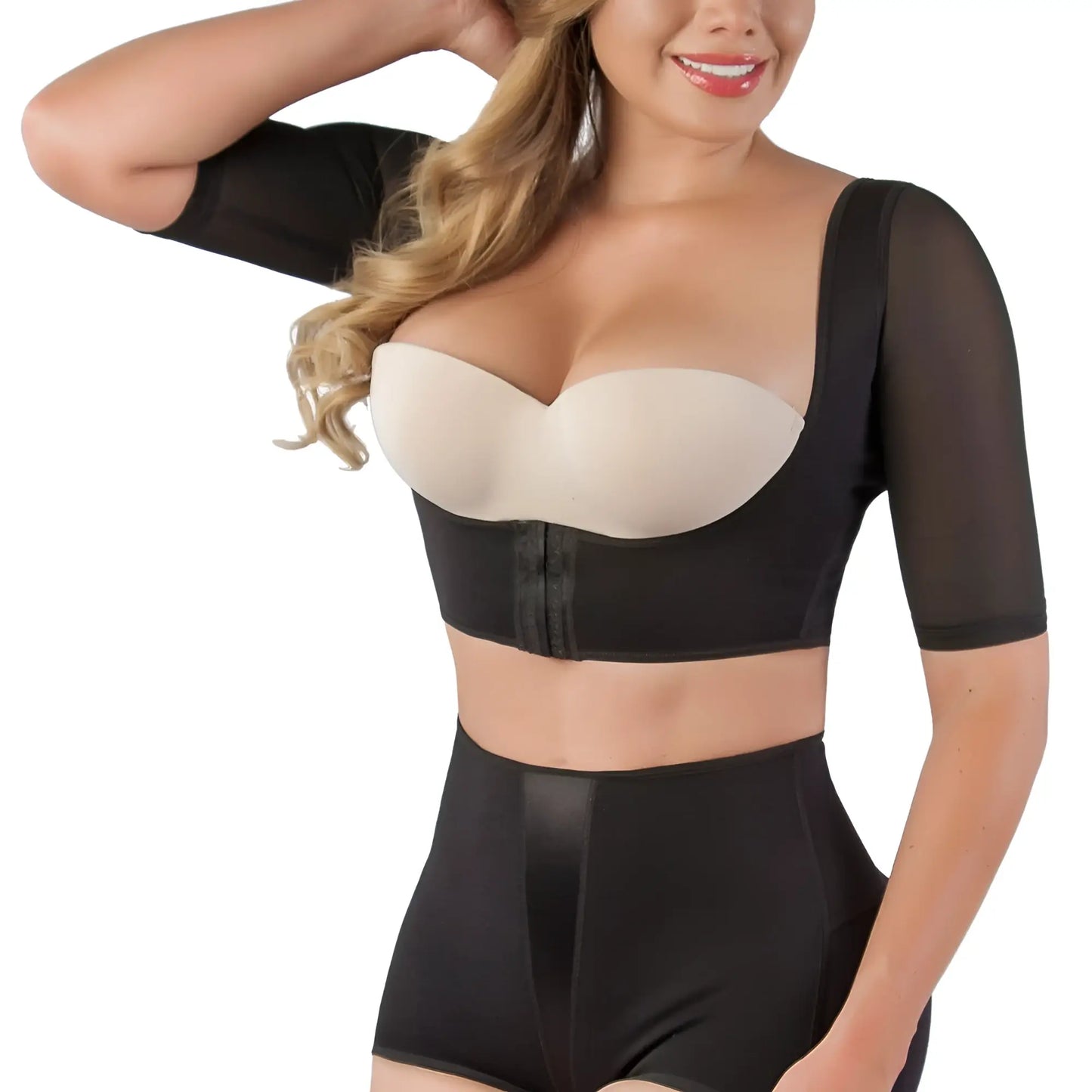 Black vedette 3133 arm compression vest featuring underwire bra with sheer mesh sleeves and matching high-waisted shorts