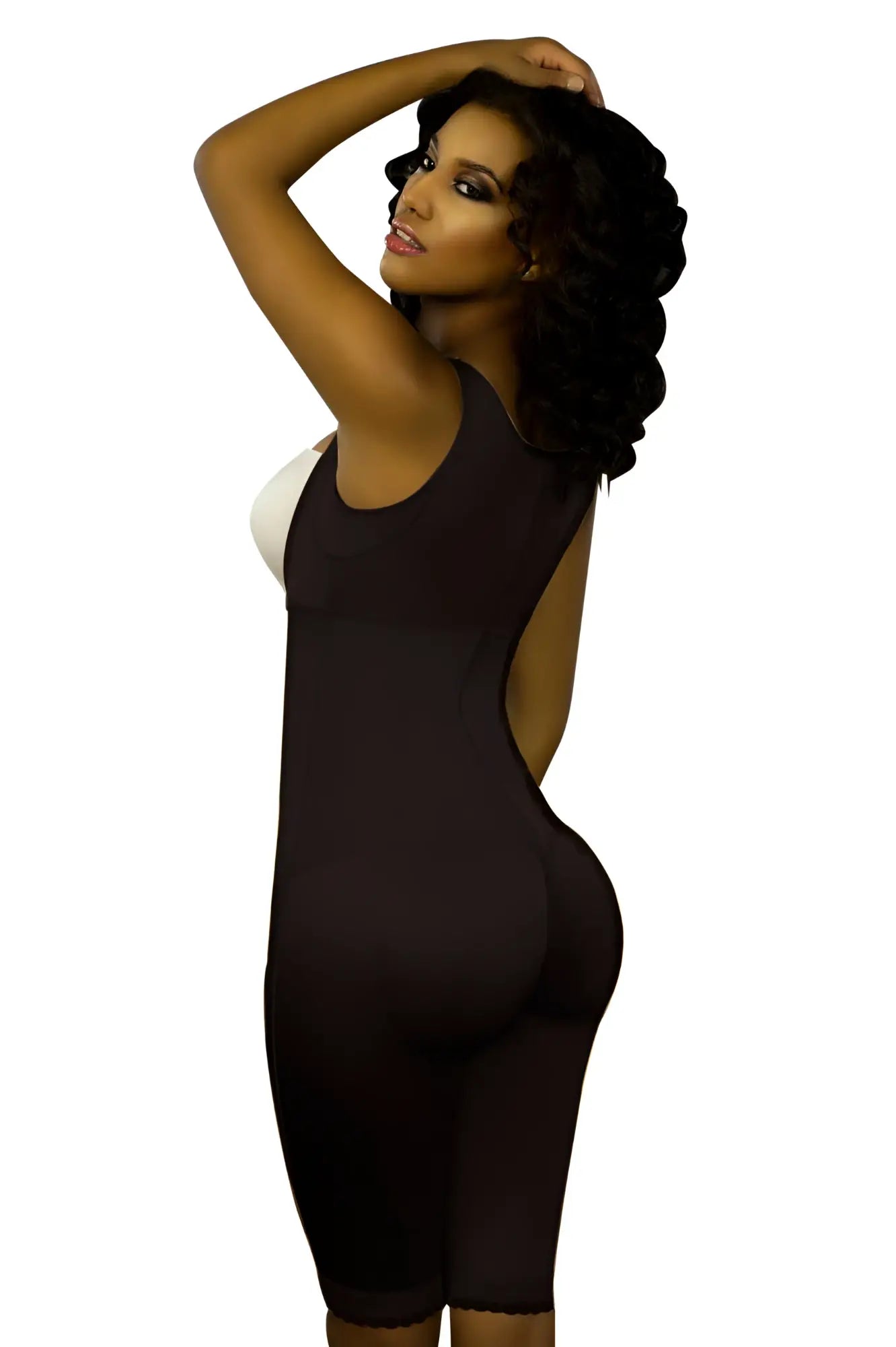 Black vedette 350 marcelle form-fitting bodycon dress with white underbust panel and open back shown from back side
