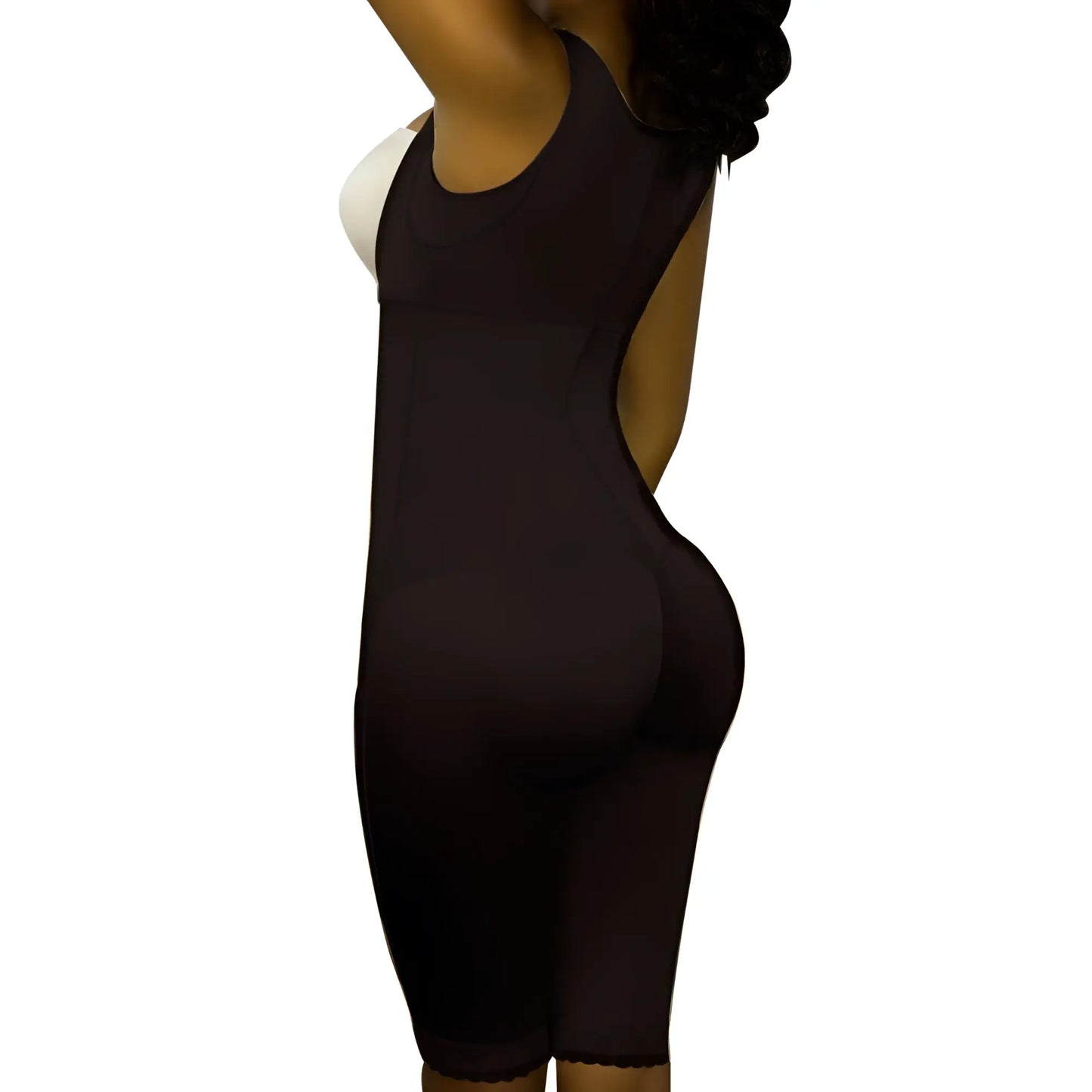 Black vedette 350 marcelle high back full body shaper bodysuit with racerback design and scalloped hem visible from back