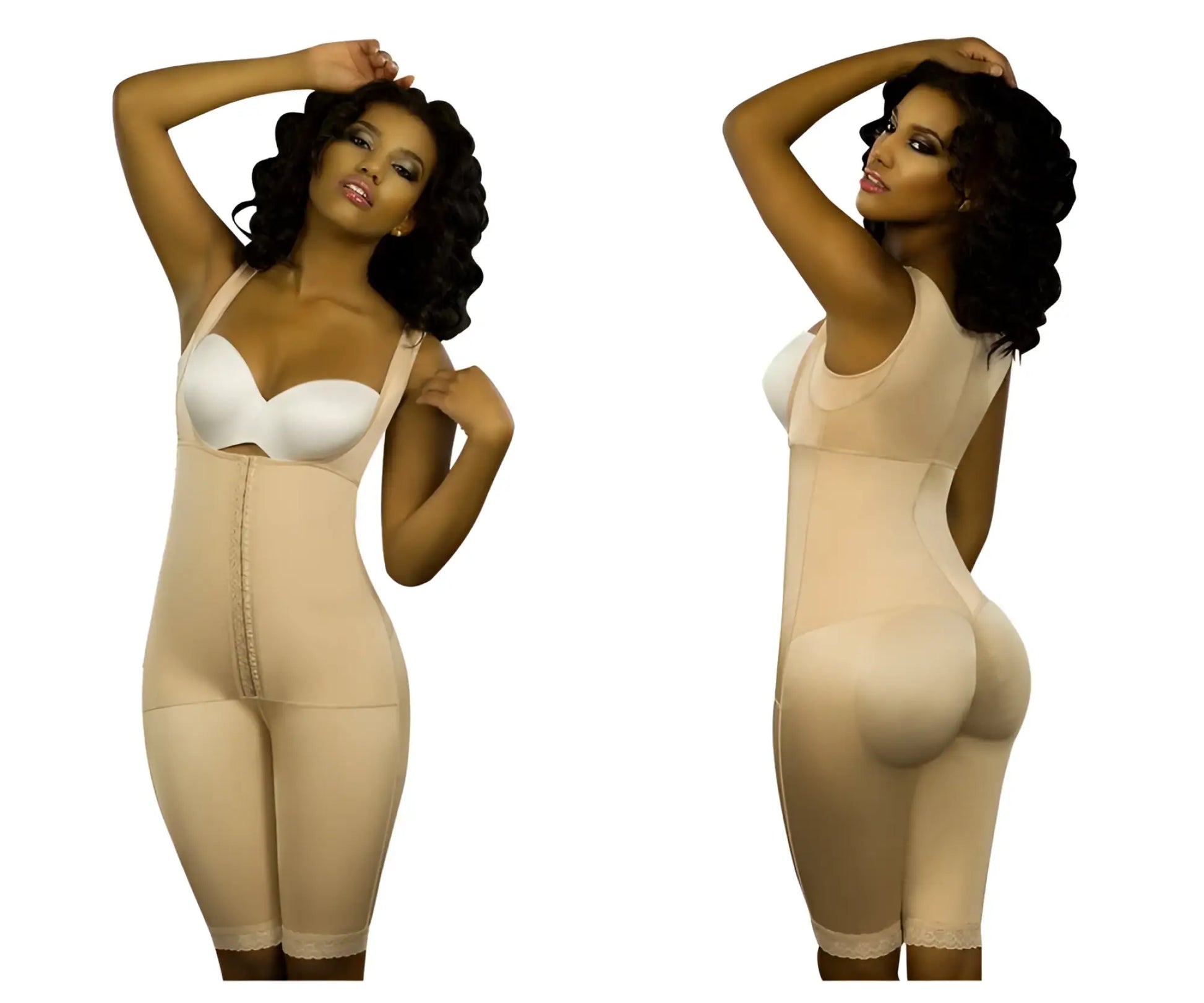 Beige vedette 350 marcelle high back full body shaper with front zipper and lace trim at the hem in nude color