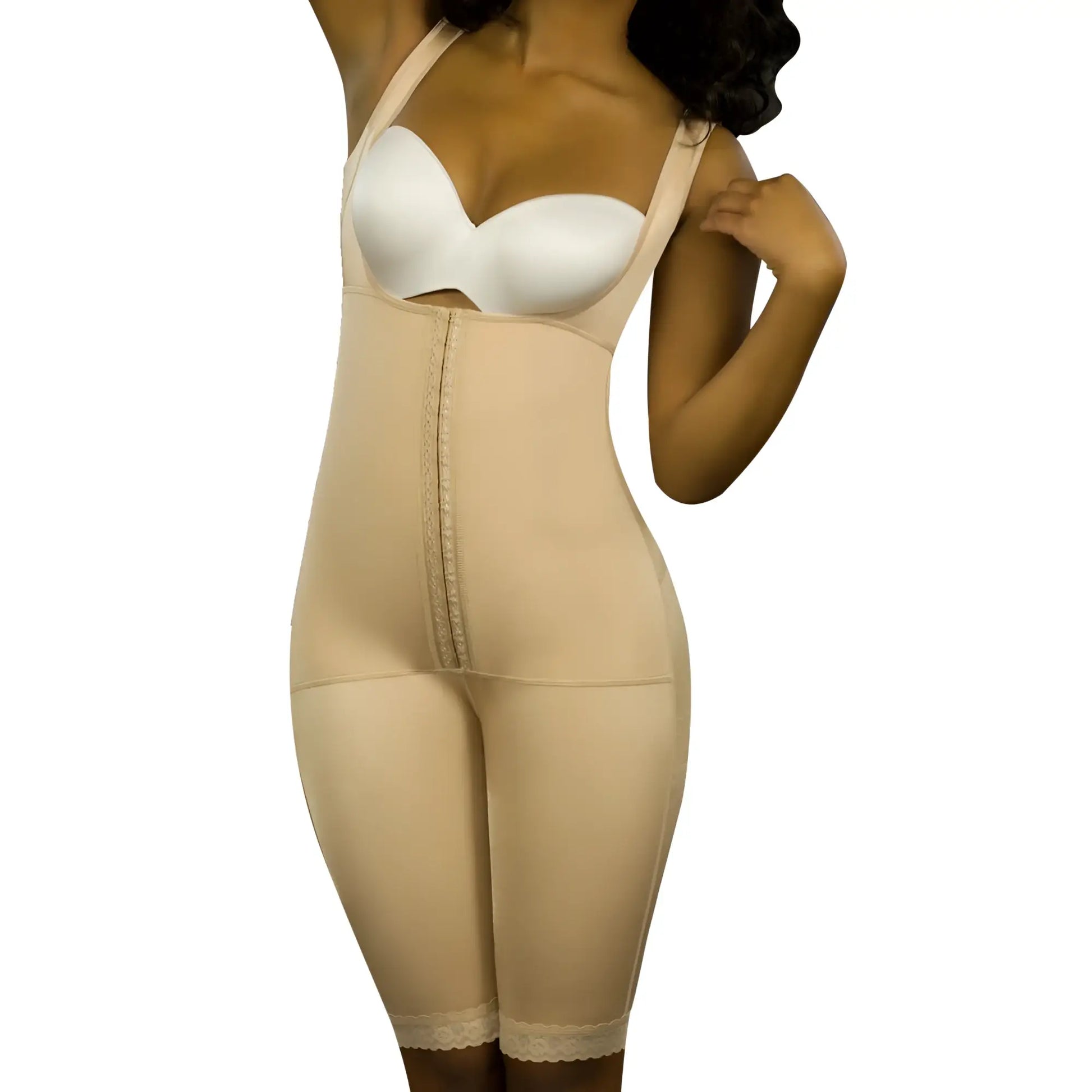 Beige vedette 350 marcelle high back full body shaper with front zipper and lace trim at waistband nude color