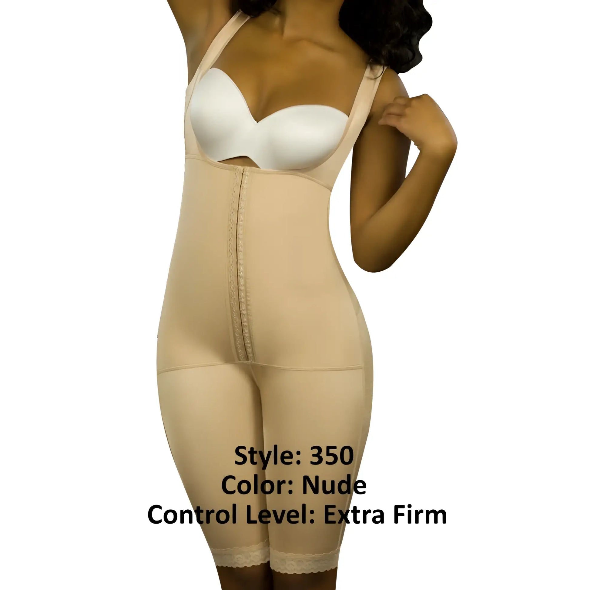 Vedette 350 Marcelle nude extra firm control shapewear bodysuit with lace trim and central zipper front closure