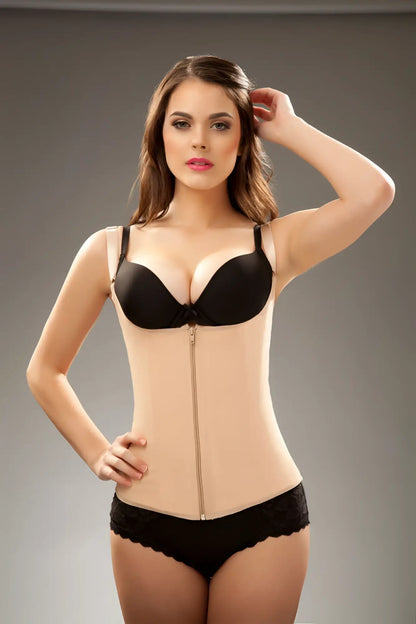 Black and beige vedette 400 felice underbust waist cincher with central zipper and lace trim in nude color