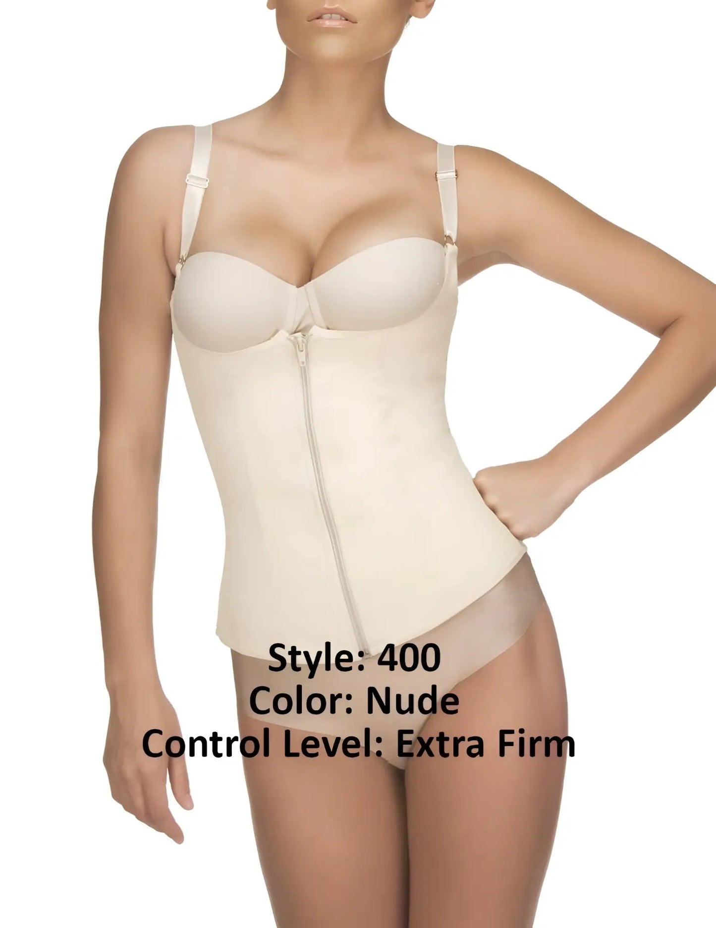 Vedette 400 Felice nude extra-firm underbust waist cincher with thin straps and front zipper body shaper