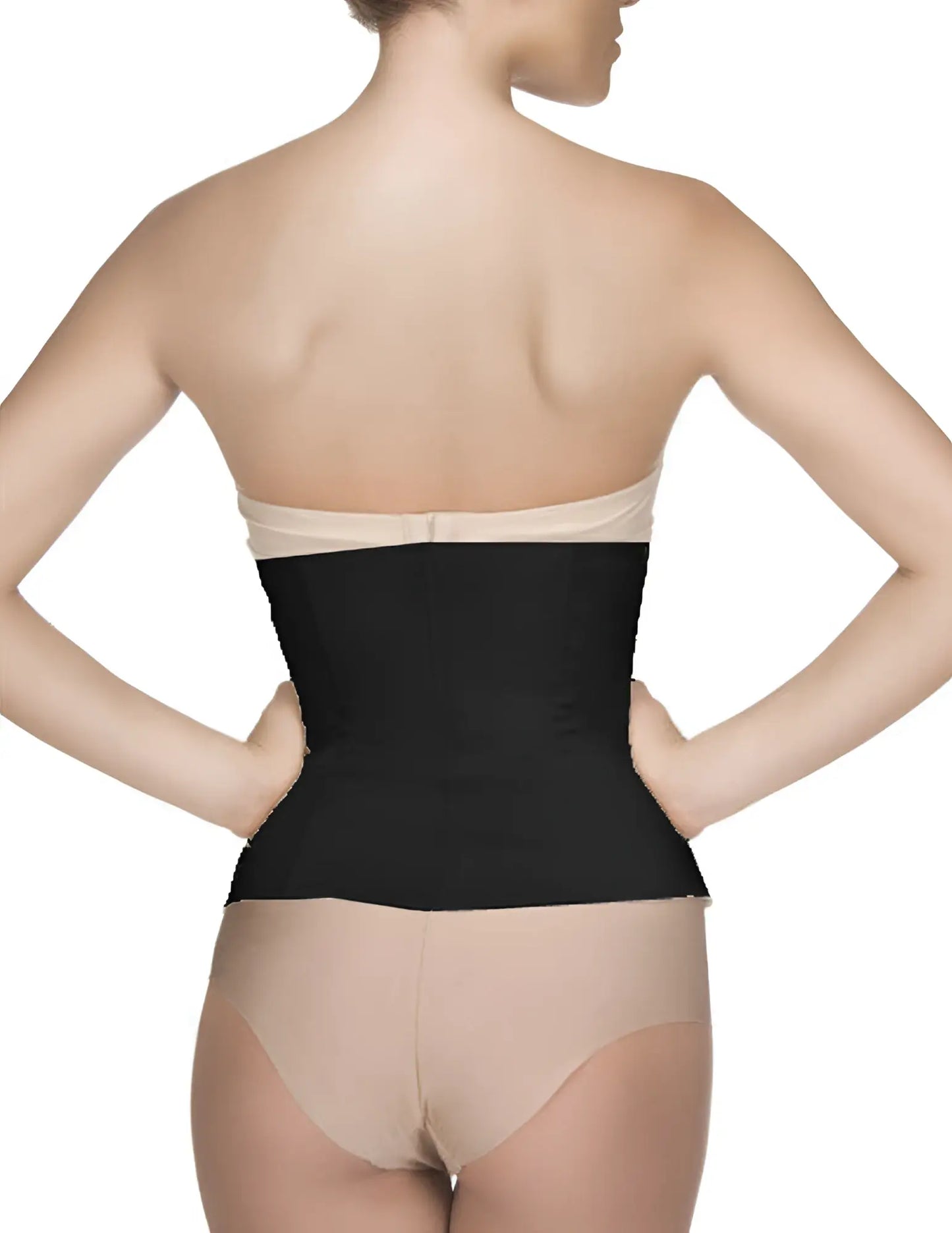 Black Vedette 403 Gigi waist cincher with zipper features beige trim and elastic waist trainer belt design
