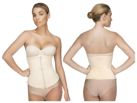 Beige vedette 403 Gigi waist cincher underwire corset with central zipper and adjustable straps in nude color
