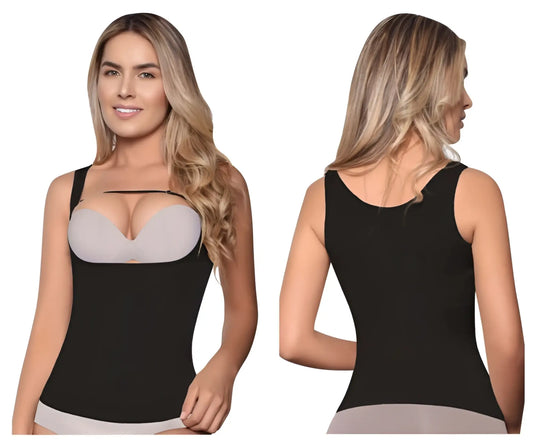 Vedette 5086 firm control tank-top in black with black and gray seamless body shaping and structured bust panel