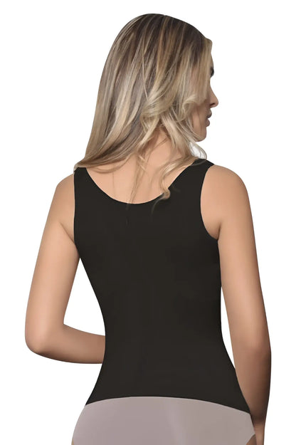 Black vedette 5086 firm control tank top with sleeveless fitted silhouette and rounded neckline for shaping support