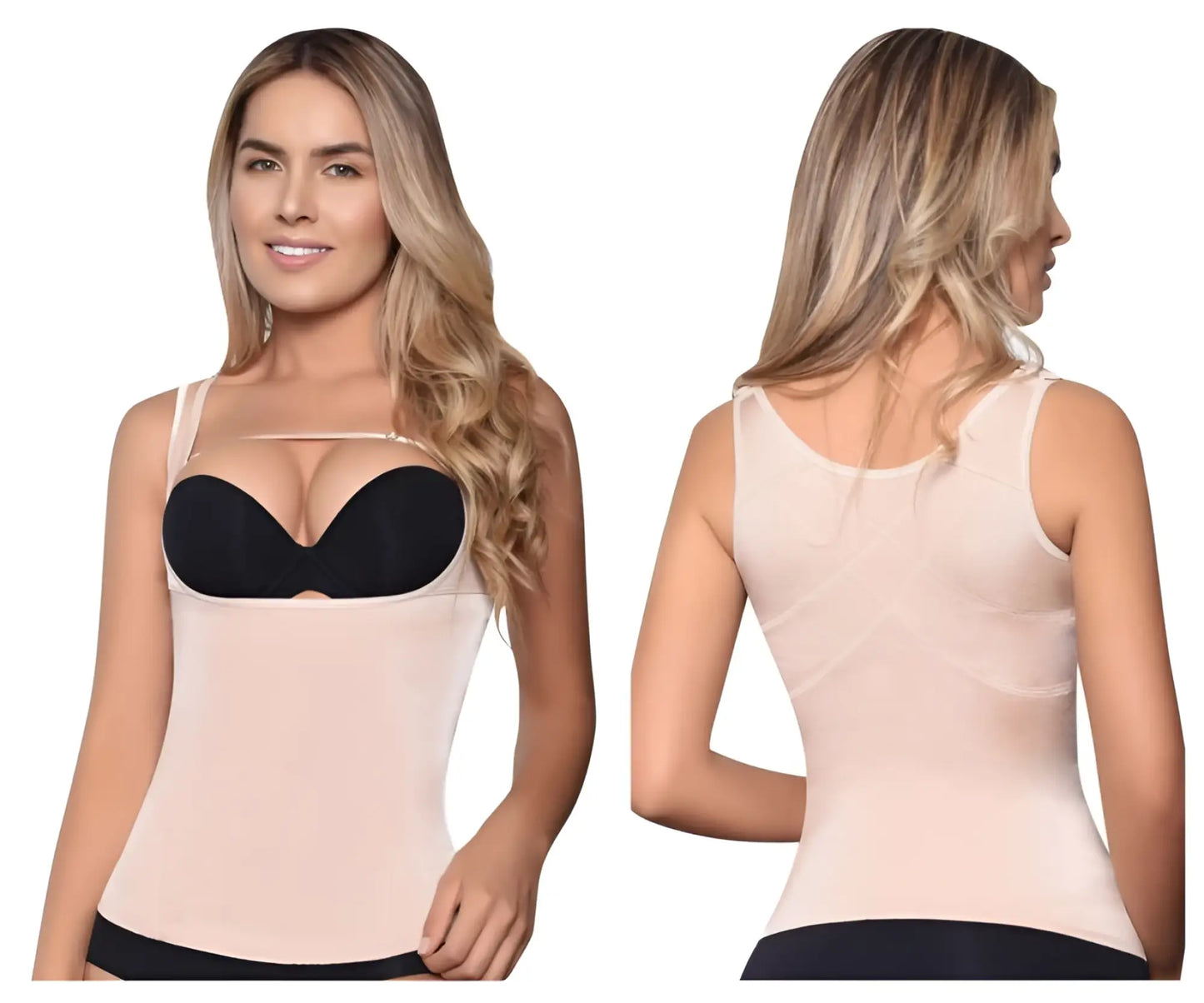 Beige and black vedette 5086 firm control tank top with seamless body shaper and supportive bra insert in nude color