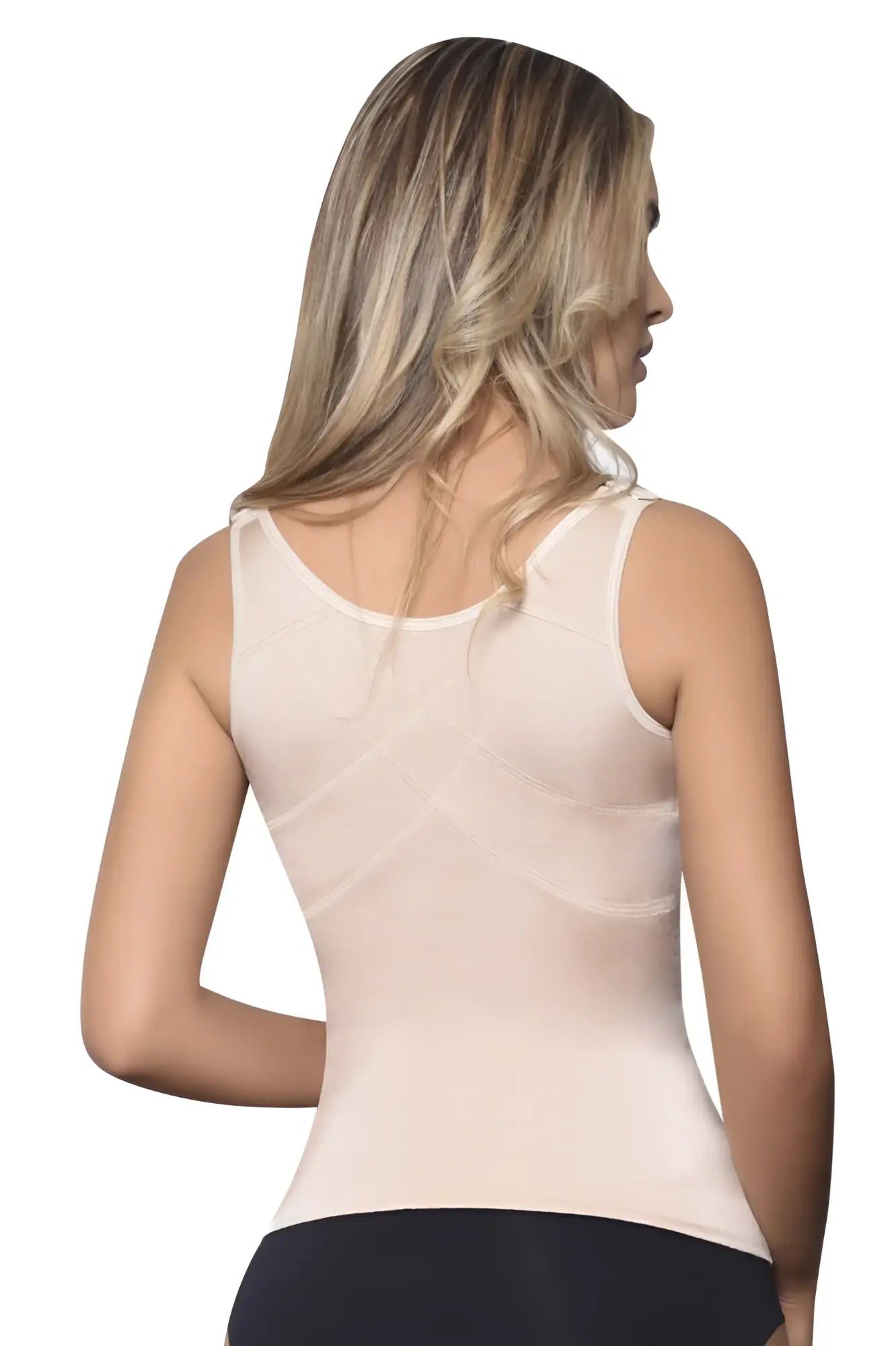 Beige vedette 5086 firm control sleeveless bodycon tank-top with subtle mesh paneling and rounded neckline in nude color