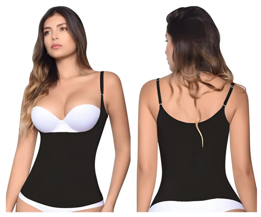 Vedette 5087 firm control tank-top shapewear bodysuit in black with thin straps and built-in bra cups