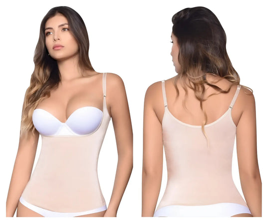 Beige vedette 5087 firm control tank-top bra with underwire, white straps, and matching white trim in nude color