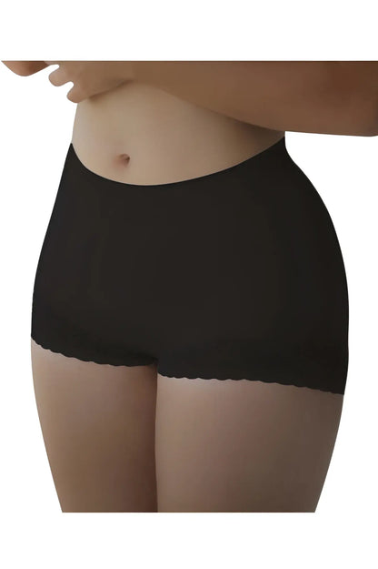 Black vedette 5092 butt lifter shaper short with high-waisted scalloped lace trim shown from the back side
