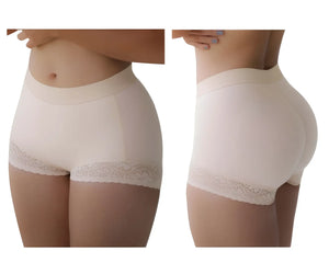 Cream-colored vedette 5092 butt lifter shaper short with lace trim in nude showing back side of underwear