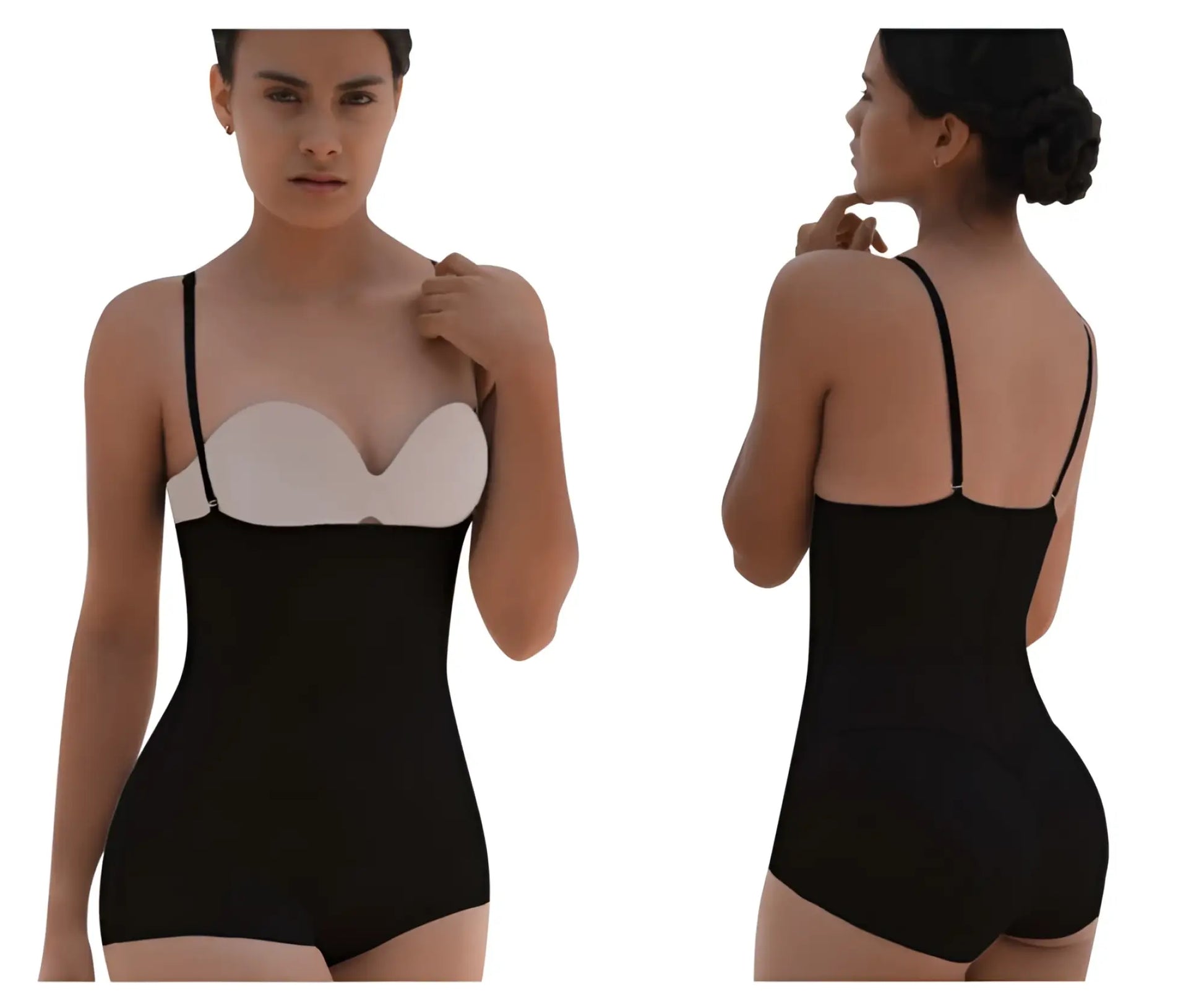 Black and white seamless bodycon Vedette 5099 strapless body shaper with thin straps and butt lifter effect