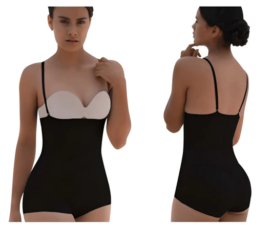 Black and white seamless bodycon Vedette 5099 strapless body shaper with thin straps and butt lifter effect