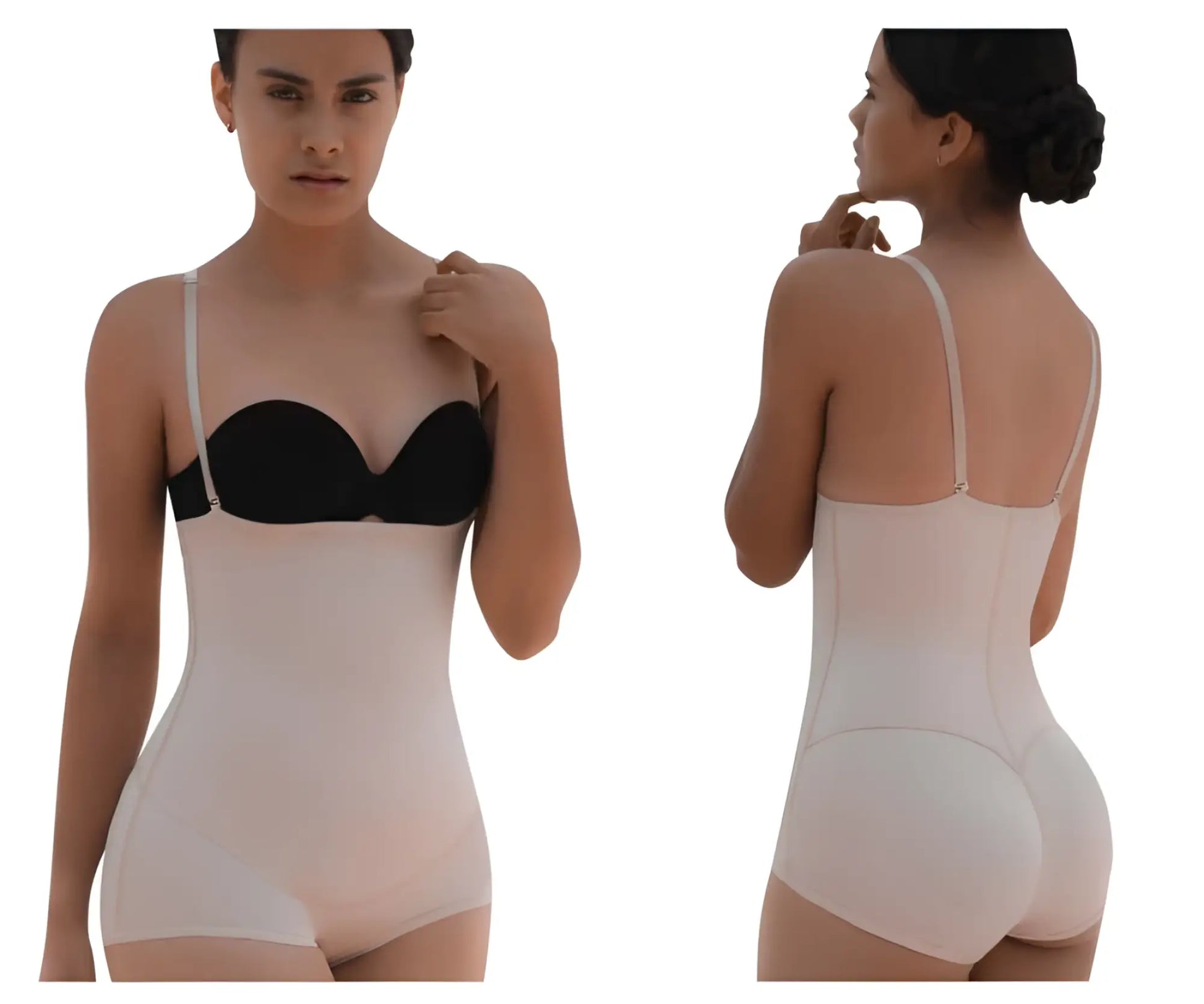 Beige vedette 5099 strapless body shaper with thin straps and black bra insert for butt lifting in nude color