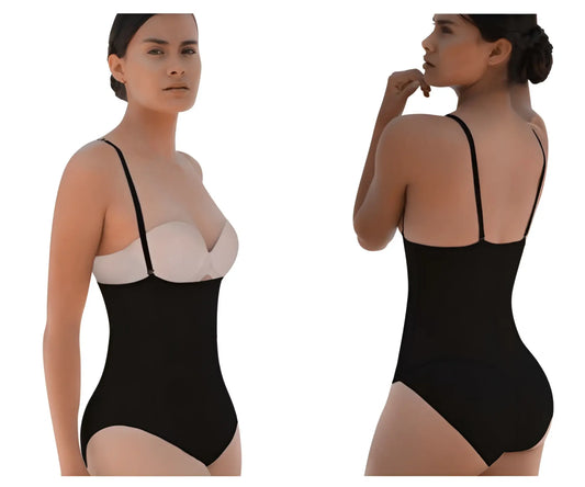 Black vedette 5108 strapless body shaper bodysuit with thin straps and white underwire bra insert for shaping and lifting