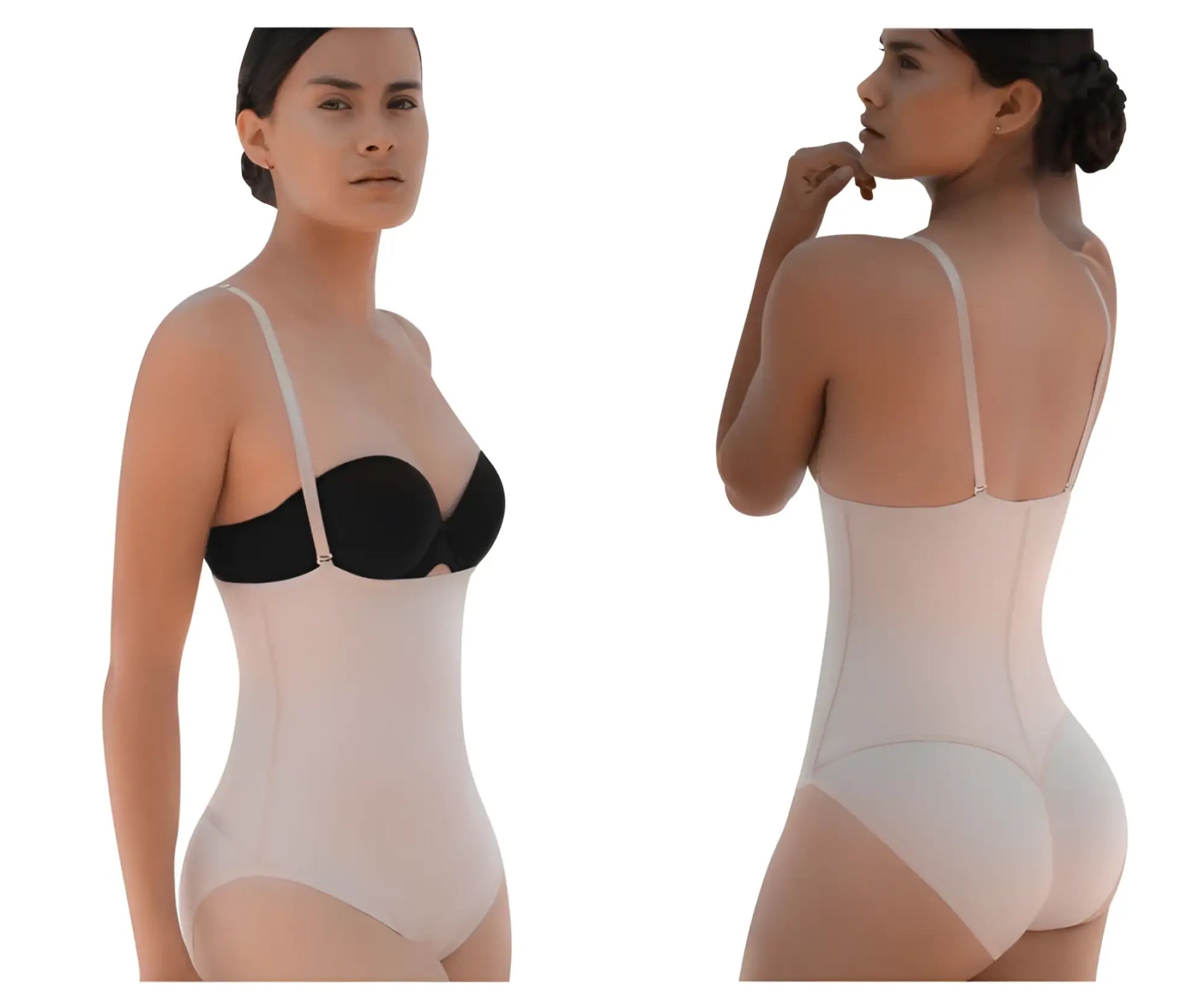 Black and beige vedette 5108 strapless body shaper butt lifter with adjustable straps in nude color shown from the back